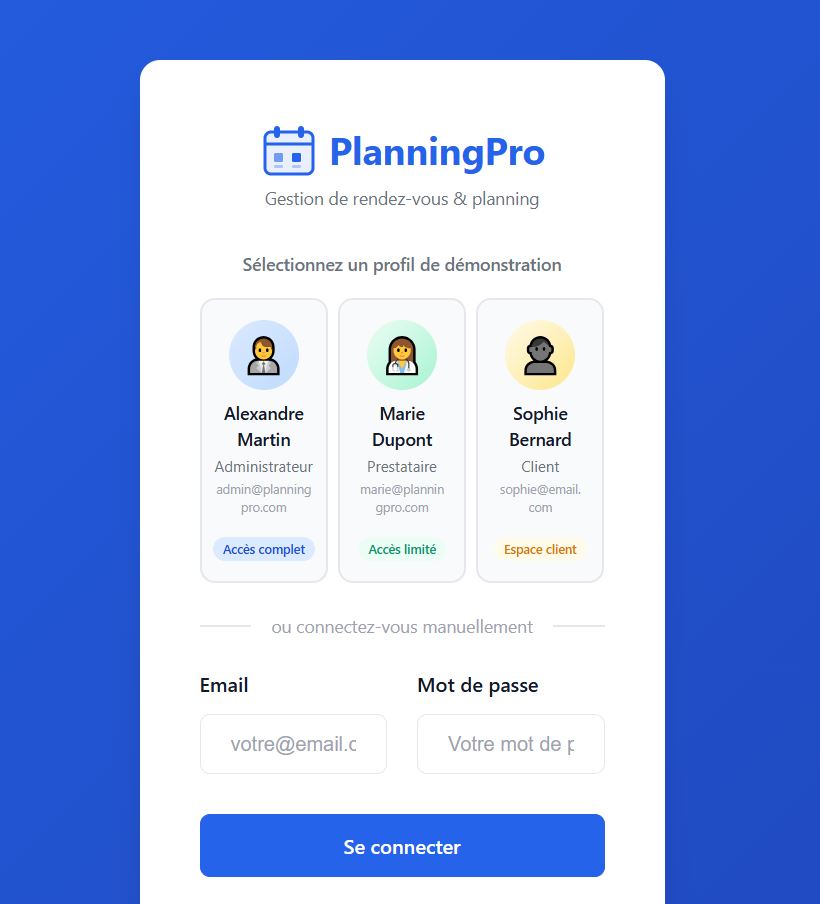 Aperçu de l'application Planning Pro