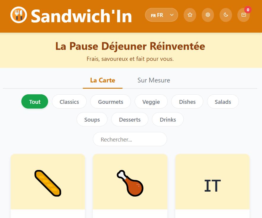 Aperçu de l'application de commande de sandwichs